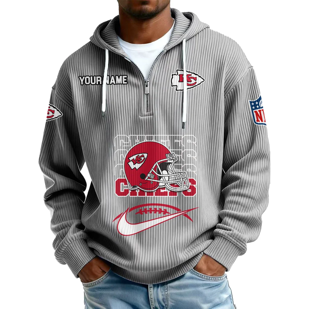Kansas City Chiefs Men's Corduroy Quarter-Zip Hoodie Customize Name Kansas City Chiefs Men's Corduroy Quarter-Zip Hoodie Customize Name