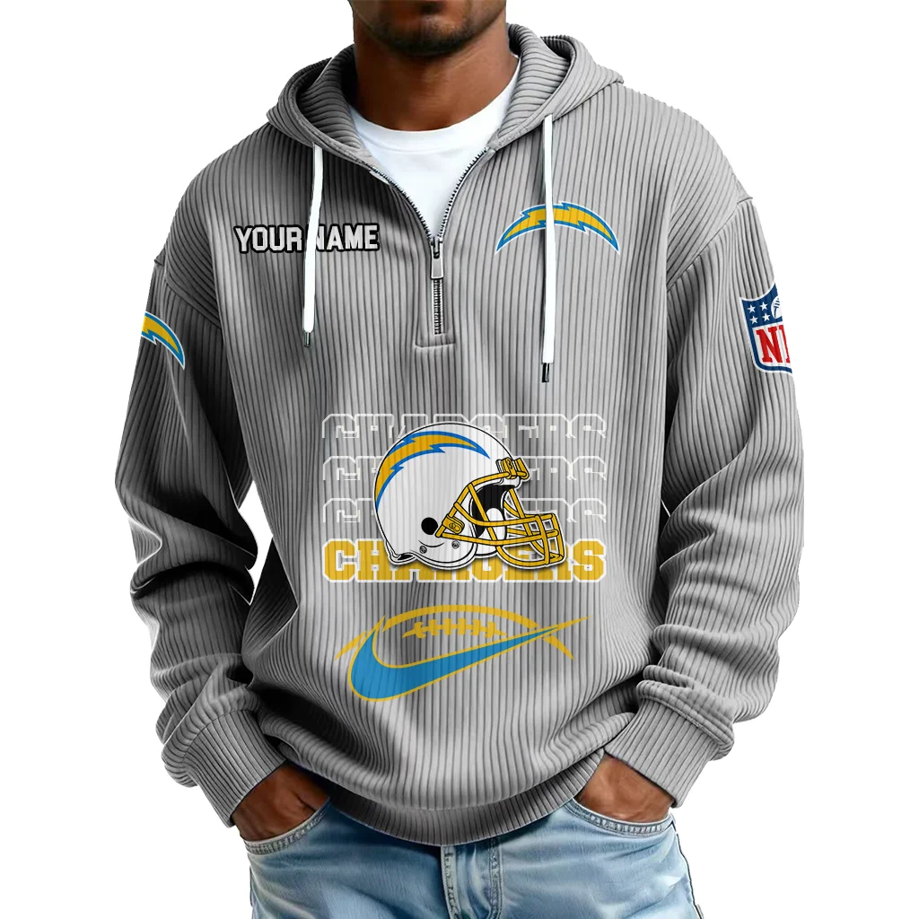 Los Angeles Chargers Men's Corduroy Quarter-Zip Hoodie Customize Name Los Angeles Chargers Men's Corduroy Quarter-Zip Hoodie Customize Name