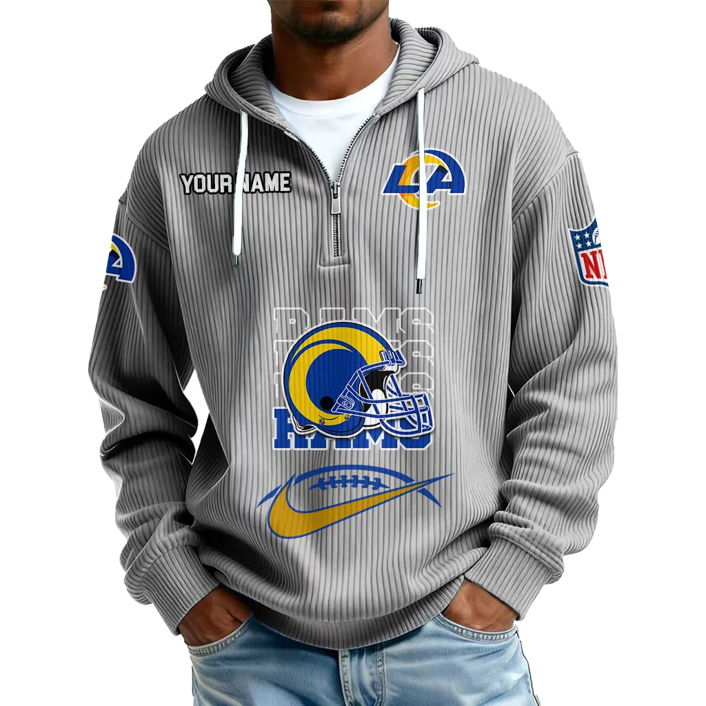 Los Angeles Rams Men's Corduroy Quarter-Zip Hoodie Customize Name Los Angeles Rams Men's Corduroy Quarter-Zip Hoodie Customize Name