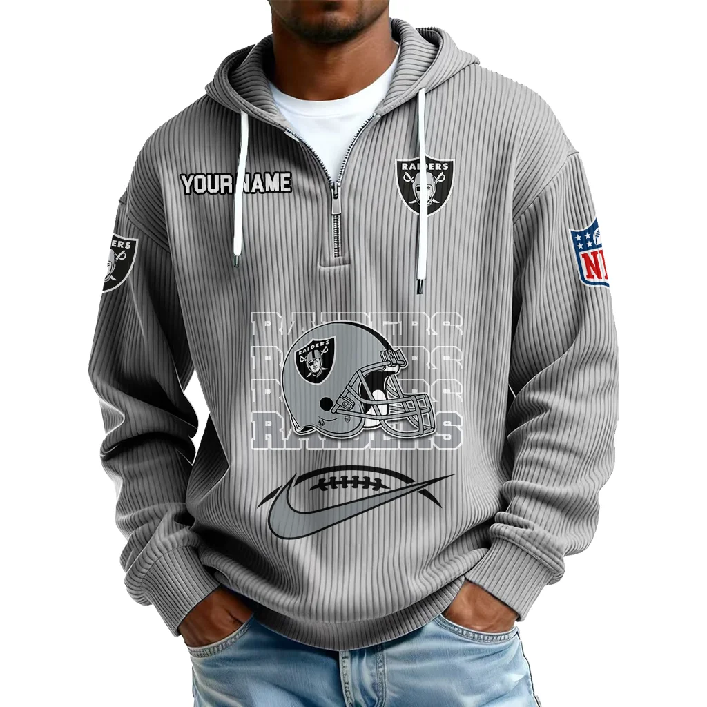 Las Vegas Raiders Men's Corduroy Quarter-Zip Hoodie Customize Name Las Vegas Raiders Men's Corduroy Quarter-Zip Hoodie Customize Name