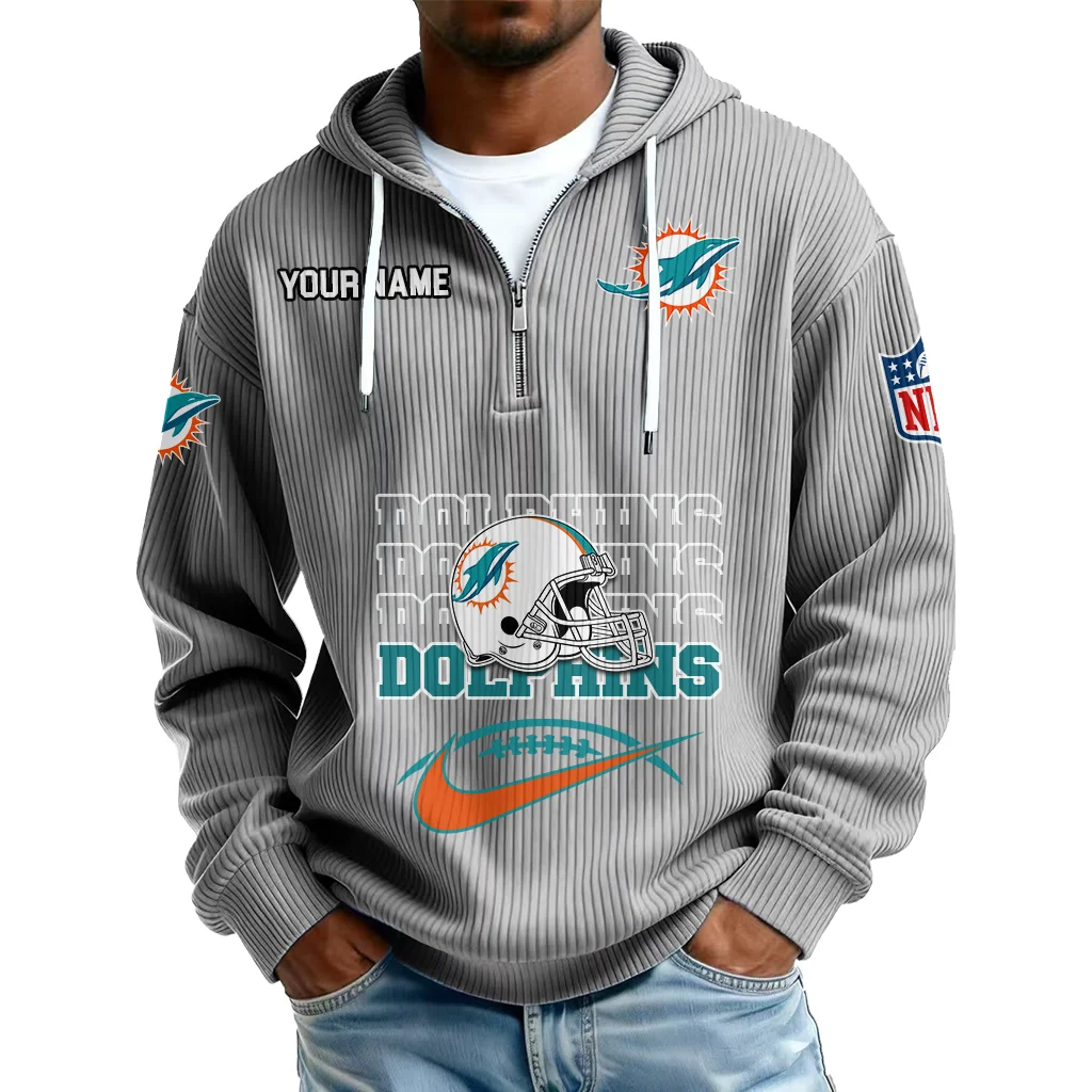 Miami Dolphins Men's Corduroy Quarter-Zip Hoodie Customize Name Miami Dolphins Men's Corduroy Quarter-Zip Hoodie Customize Name
