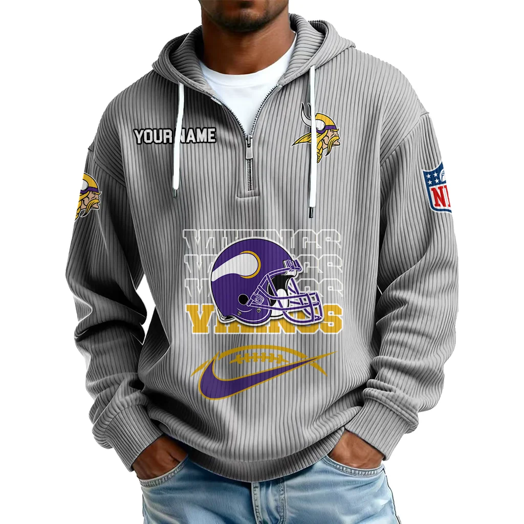 Minnesota Vikings Men's Corduroy Quarter-Zip Hoodie Customize Name Minnesota Vikings Men's Corduroy Quarter-Zip Hoodie Customize Name