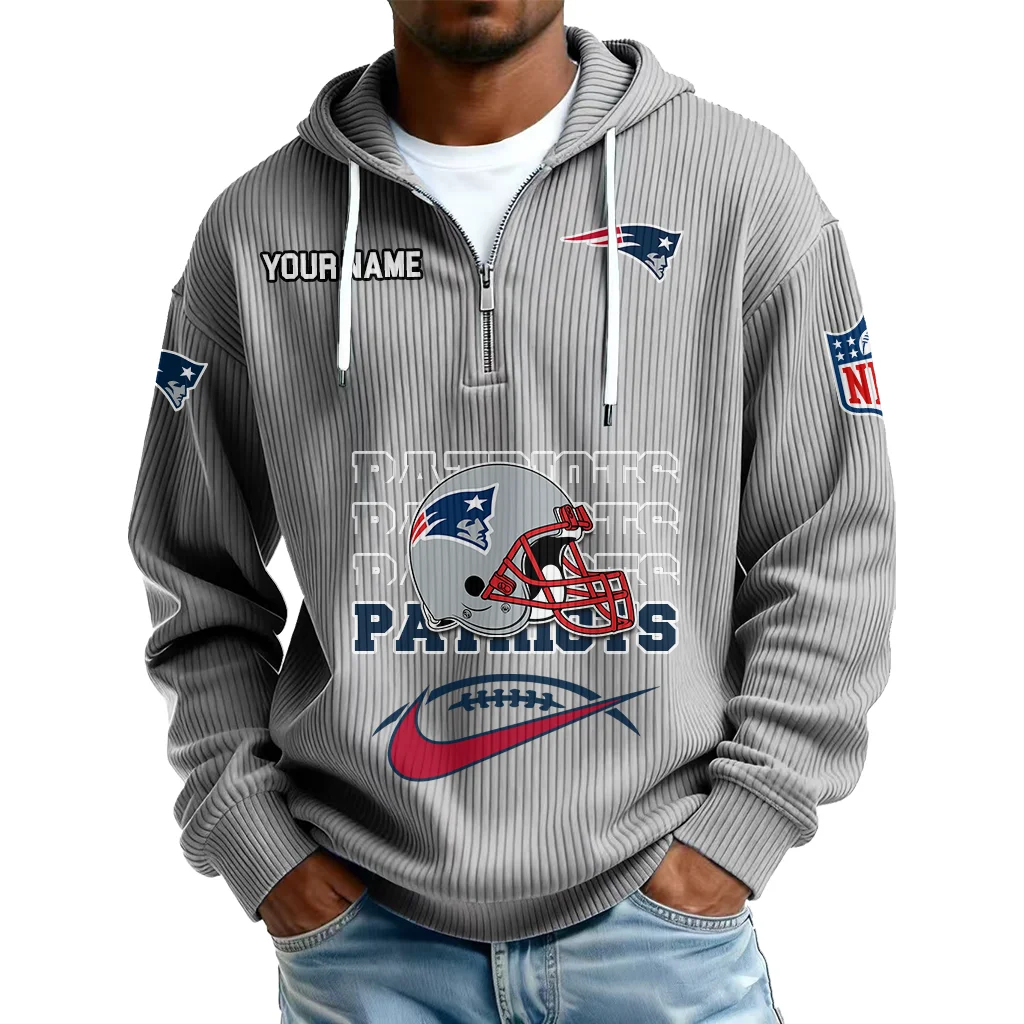 New England Patriots Men's Corduroy Quarter-Zip Hoodie Customize Name New England Patriots Men's Corduroy Quarter-Zip Hoodie Customize Name