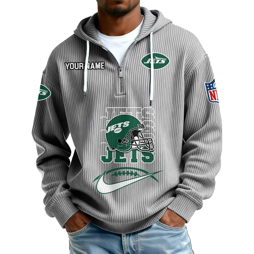 New York Jets Men's Corduroy Quarter-Zip Hoodie Customize Name New York Jets Men's Corduroy Quarter-Zip Hoodie Customize Name
