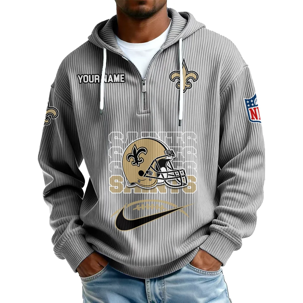 New Orleans Saints Men's Corduroy Quarter-Zip Hoodie Customize Name New Orleans Saints Men's Corduroy Quarter-Zip Hoodie Customize Name