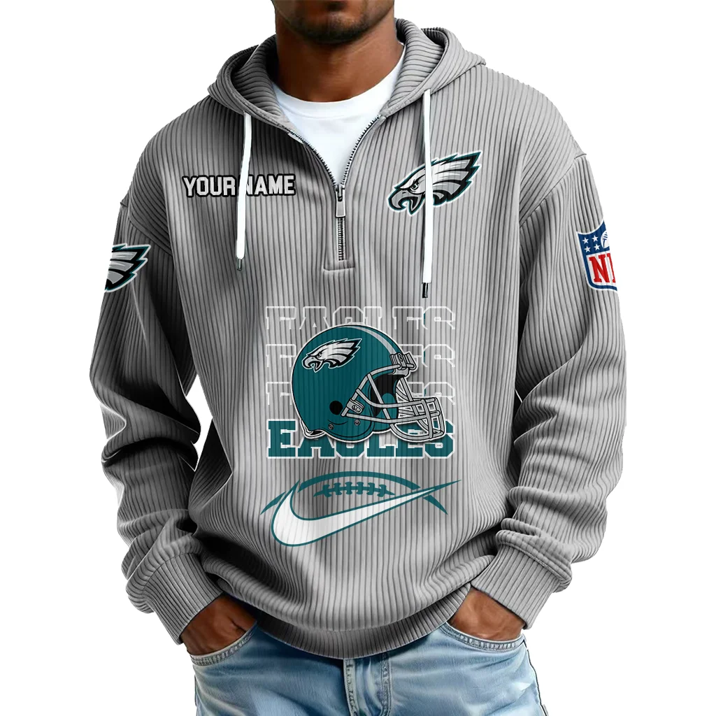 Philadelphia Eagles Men's Corduroy Quarter-Zip Hoodie Customize Name Philadelphia Eagles Men's Corduroy Quarter-Zip Hoodie Customize Name