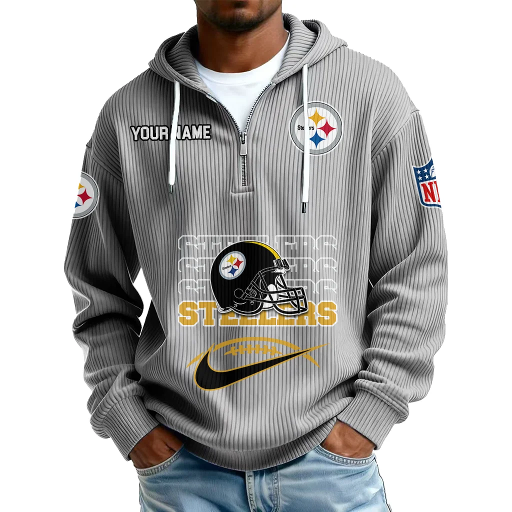 Pittsburgh Steelers Men's Corduroy Quarter-Zip Hoodie Customize Name Pittsburgh Steelers Men's Corduroy Quarter-Zip Hoodie Customize Name