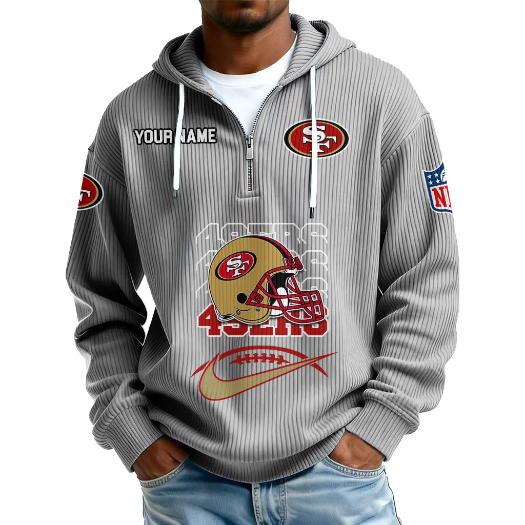 San Francisco 49ers Men's Corduroy Quarter-Zip Hoodie Customize Name San Francisco 49ers Men's Corduroy Quarter-Zip Hoodie Customize Name