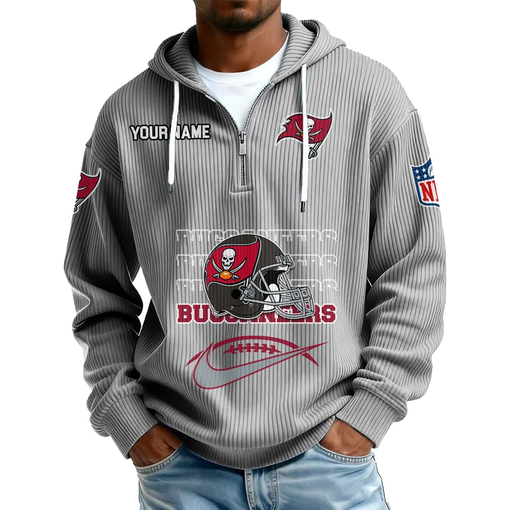 Tampa Bay Buccaneers Men's Corduroy Quarter-Zip Hoodie Customize Name Tampa Bay Buccaneers Men's Corduroy Quarter-Zip Hoodie Customize Name