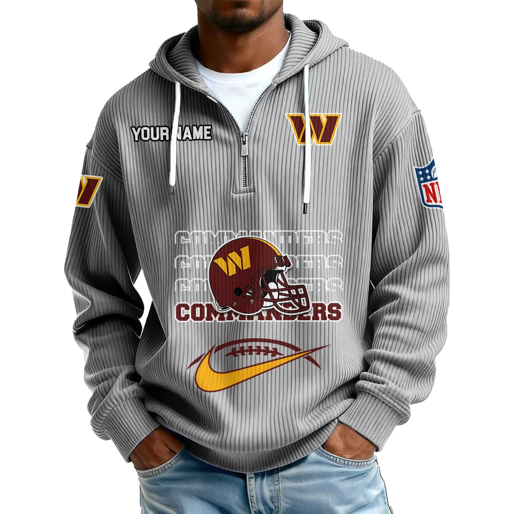 Washington Commanders Men's Corduroy Quarter-Zip Hoodie Customize Name Washington Commanders Men's Corduroy Quarter-Zip Hoodie Customize Name