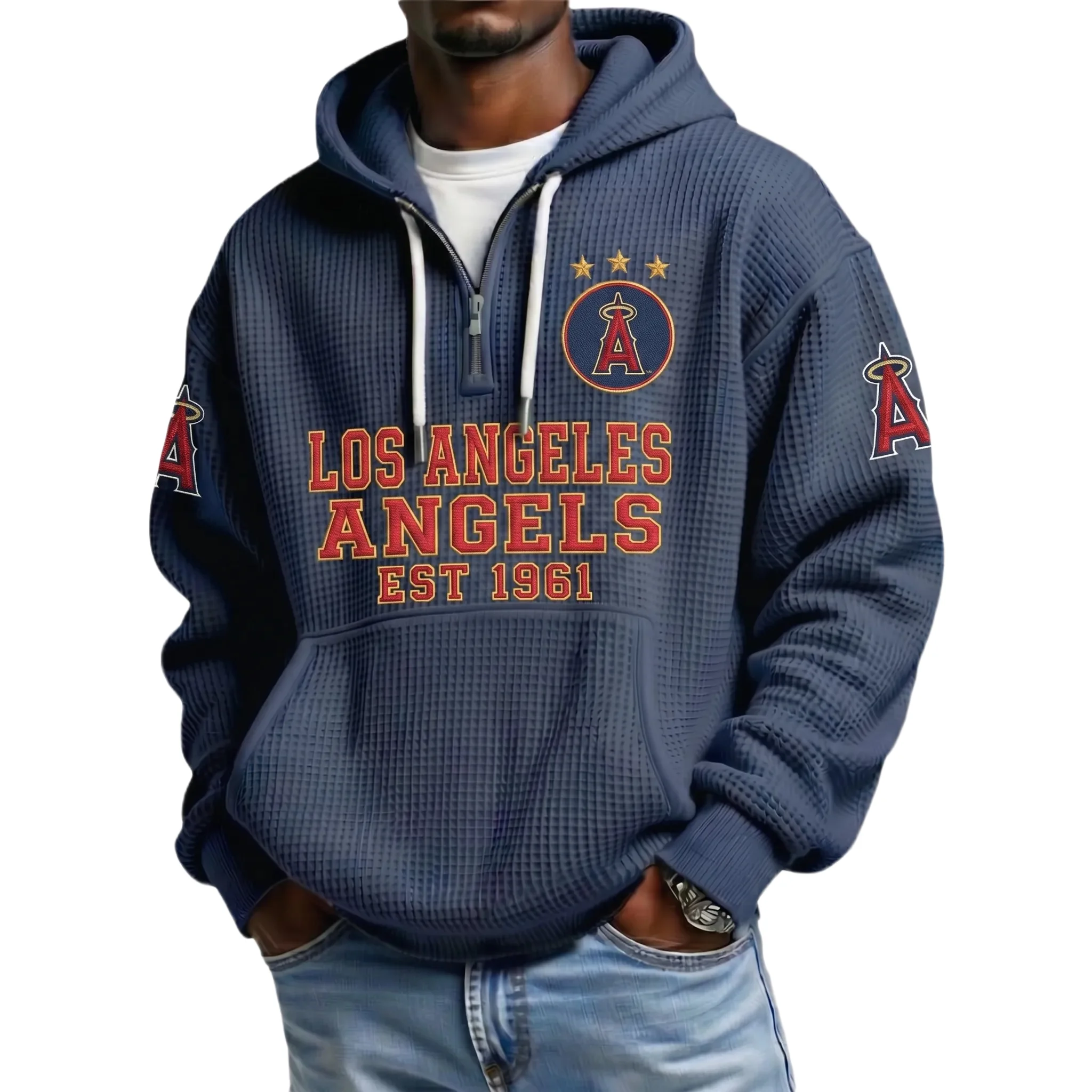 Los Angeles Angels Men's Quarter Zip Waffle Knit Hoodie 2026 Limited Los Angeles Angels Men's Quarter Zip Waffle Knit Hoodie 2026 Limited